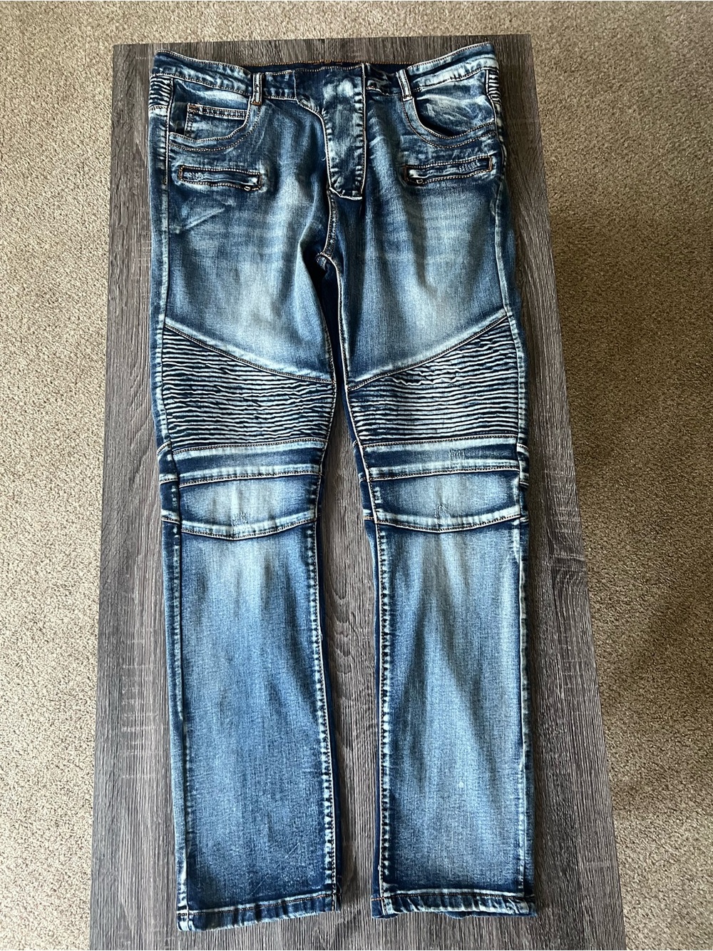 Moto Biker Jeans Ribbed Knee Distressed Faded Wash Y2K Streetwear | Size 38